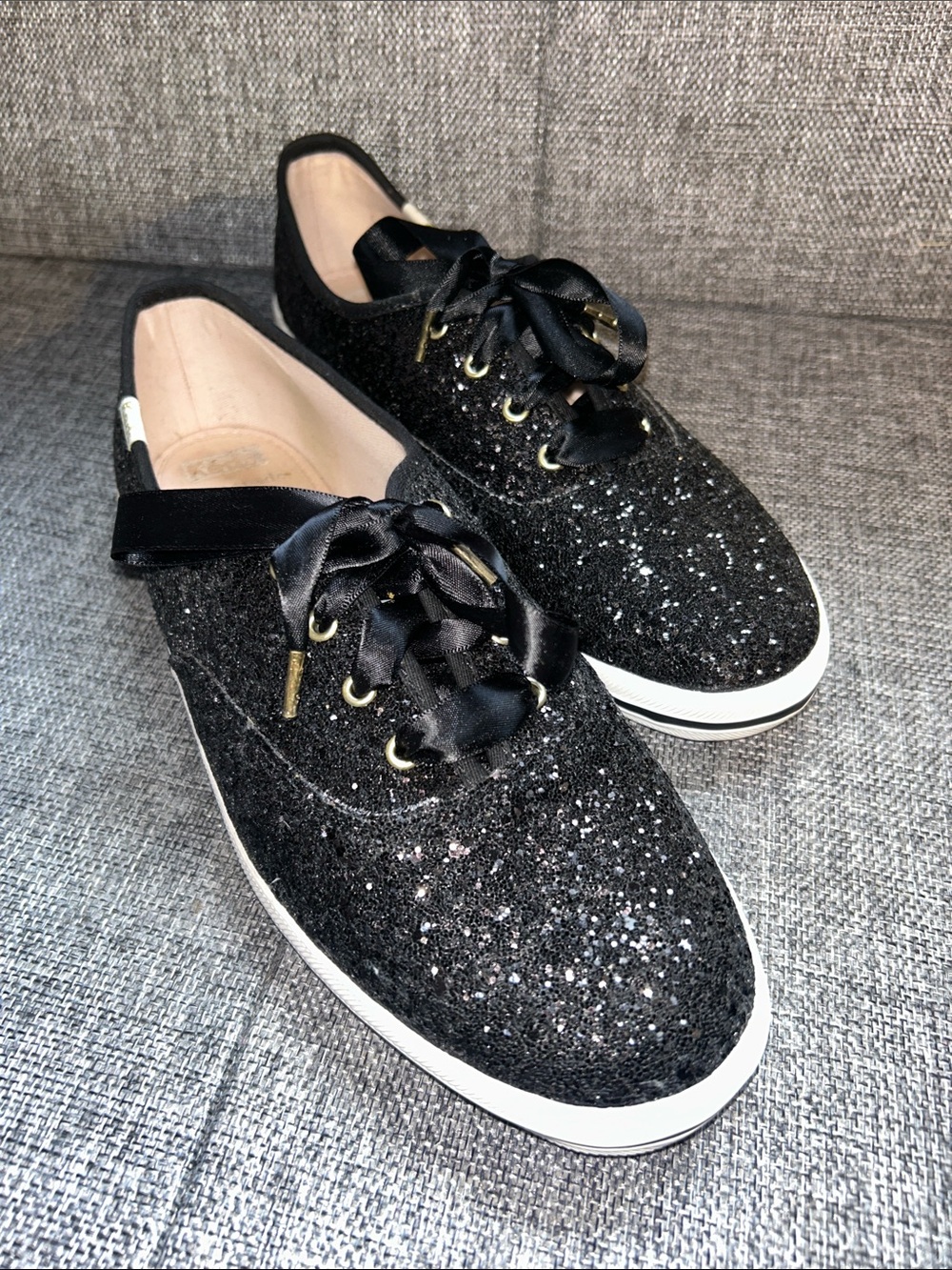 Keds x Kate Spade NEW YORK CHAMPION Black Glitter Ribbon Lace Sneakers